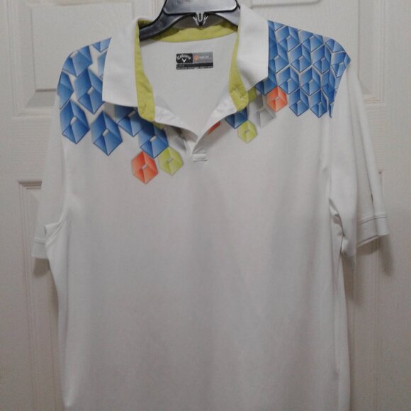 Callaway Opti Dry Large White w/ Colored 3d Cubes Short Sleeve Golf Shirt - Picture 1 of 3